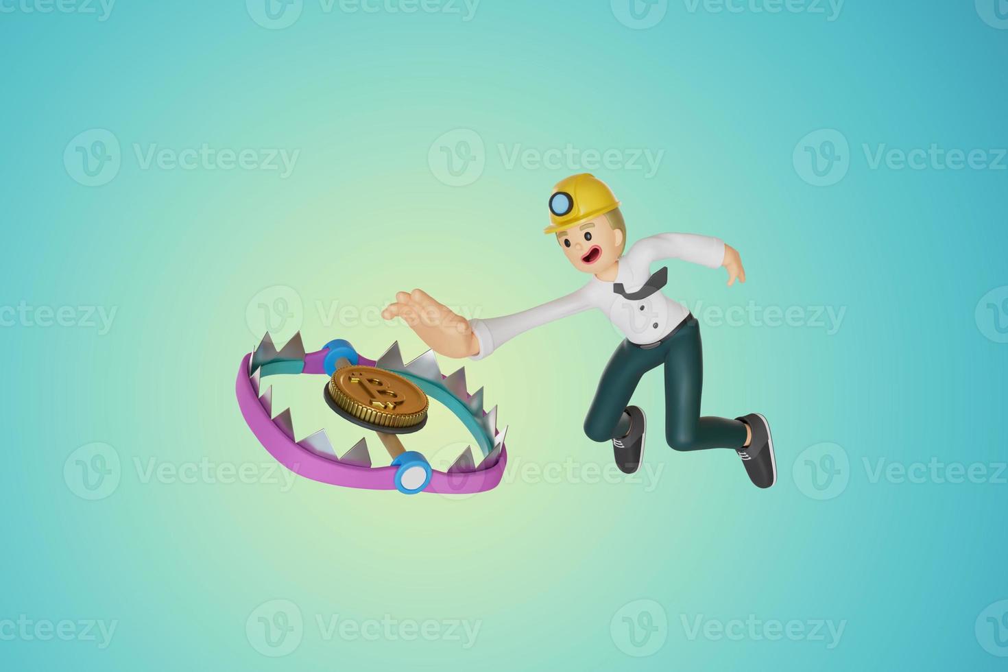 men employee is reaching for crypto coins in a trap. 3D, Render, illustration photo