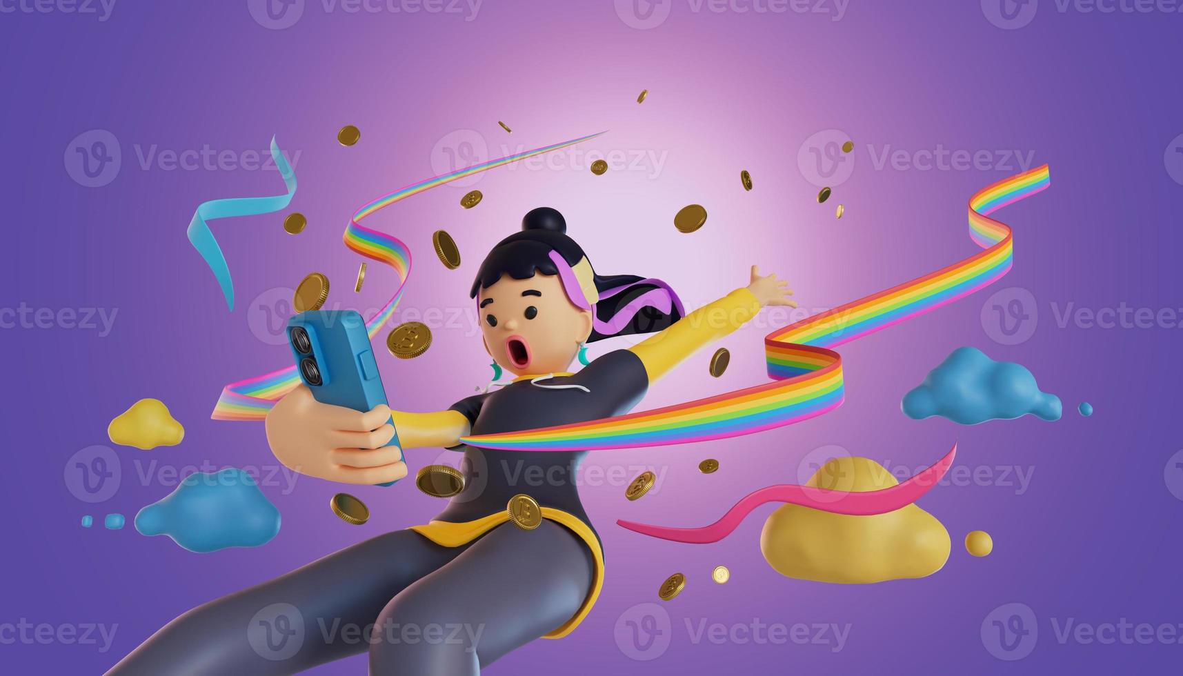 women holding a mobile phone jumping from the sky Crypto coins burst out of mobile screens. 3D, Render, illustration photo
