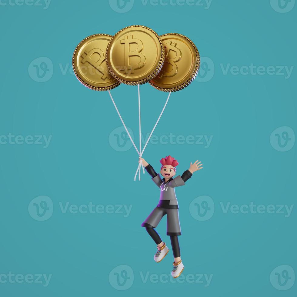 men holding crypto balloons soaring into the sky 3D, Render, illustration photo