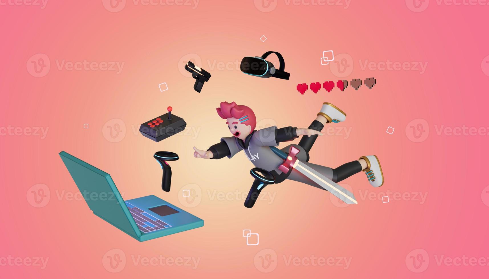 men is floating in the sky with his gaming gear ready to enter the metaverse world. 3D, Render, illustration photo