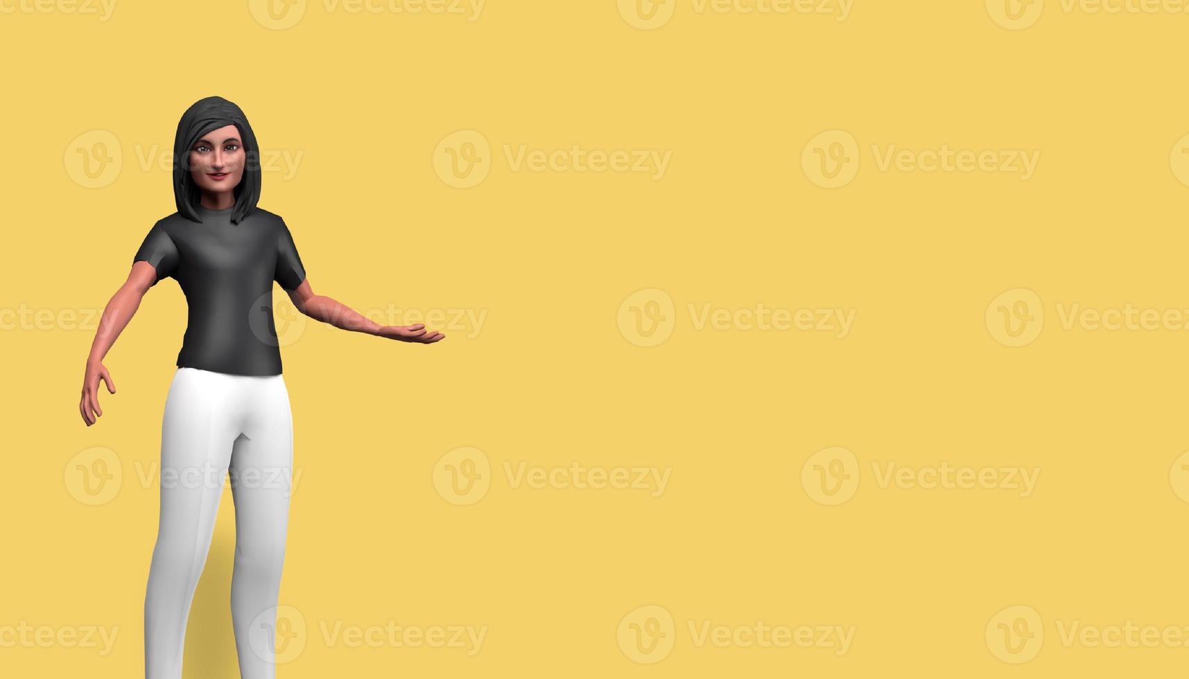 3d illustration cartoon character, Beautiful girl right pointing, happy and smiling, standing in front of a yellow background photo