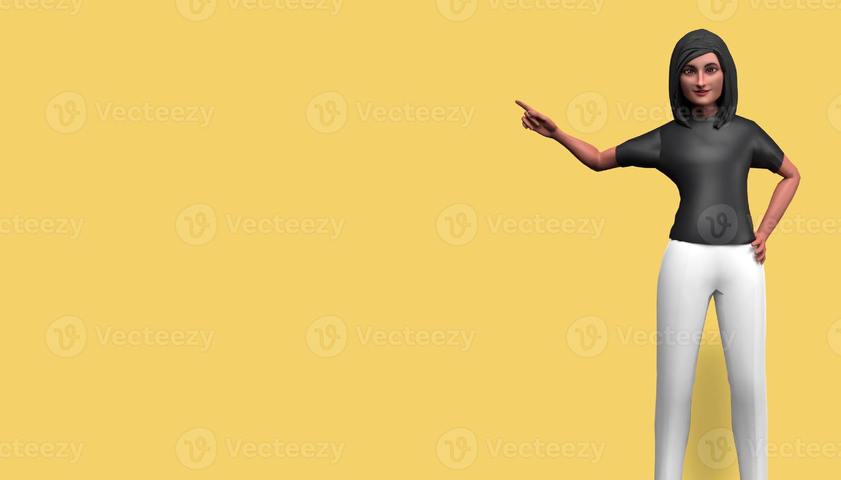 Personaje de dibujos animados de ilustración 3d, hermosa chica señalando a la izquierda, feliz y sonriente, de pie frente a un fondo amarillo foto