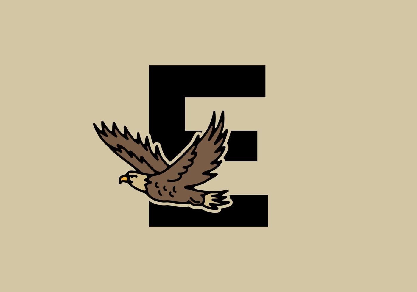 Line art illustration of flying eagle with E initial letter vector
