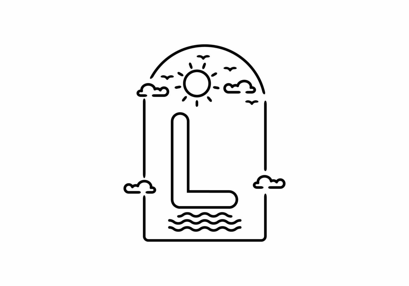 Line art illustration of beach with L initial name vector