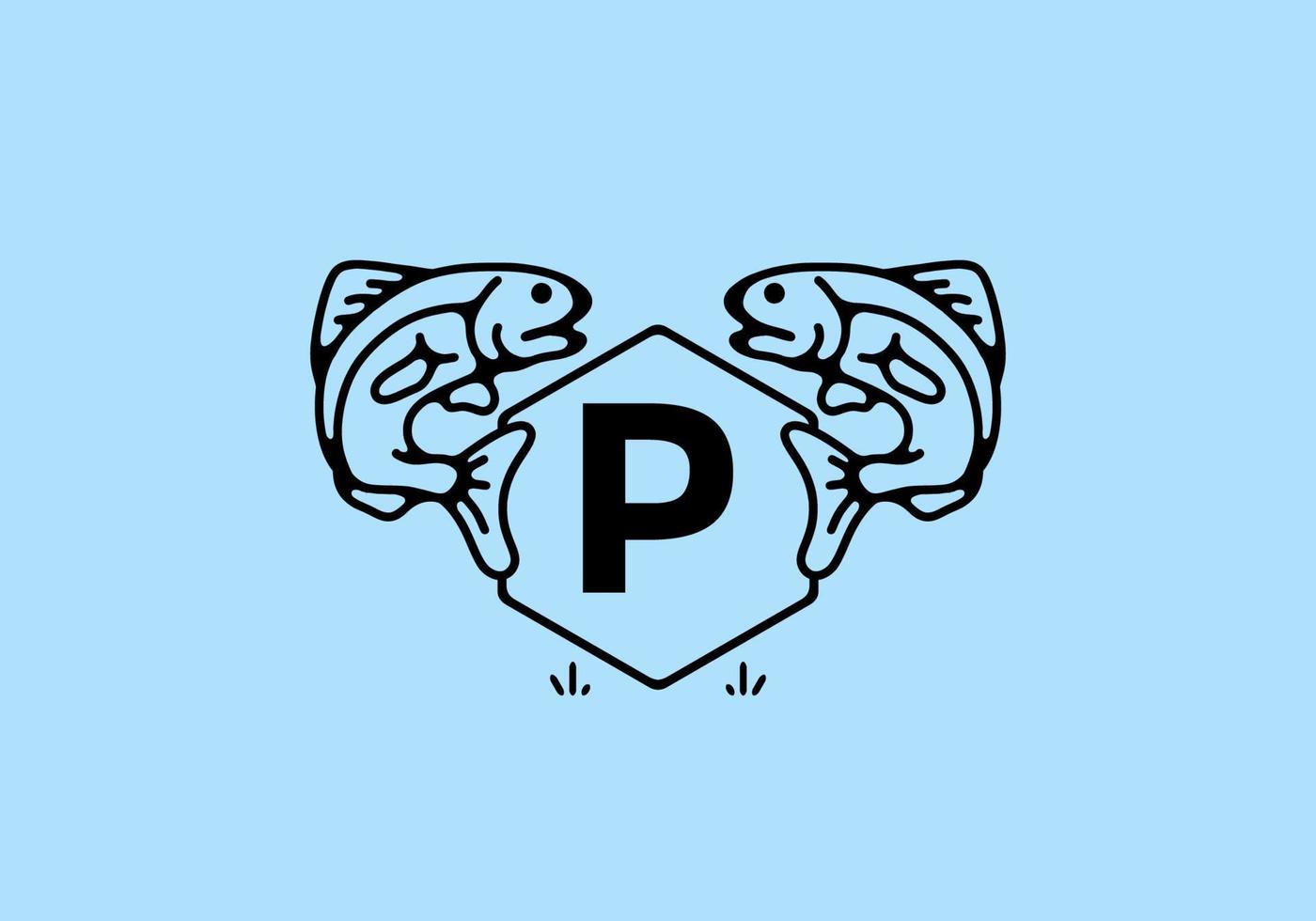 Line art illustration of fish frame with initial letter vector
