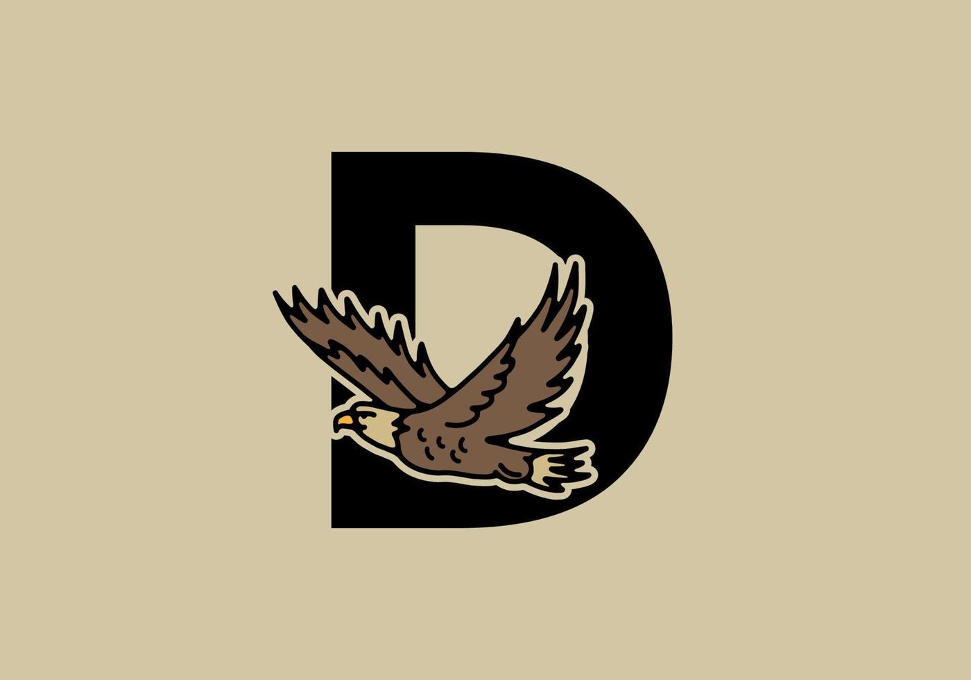 Line art illustration of flying eagle with D initial letter vector
