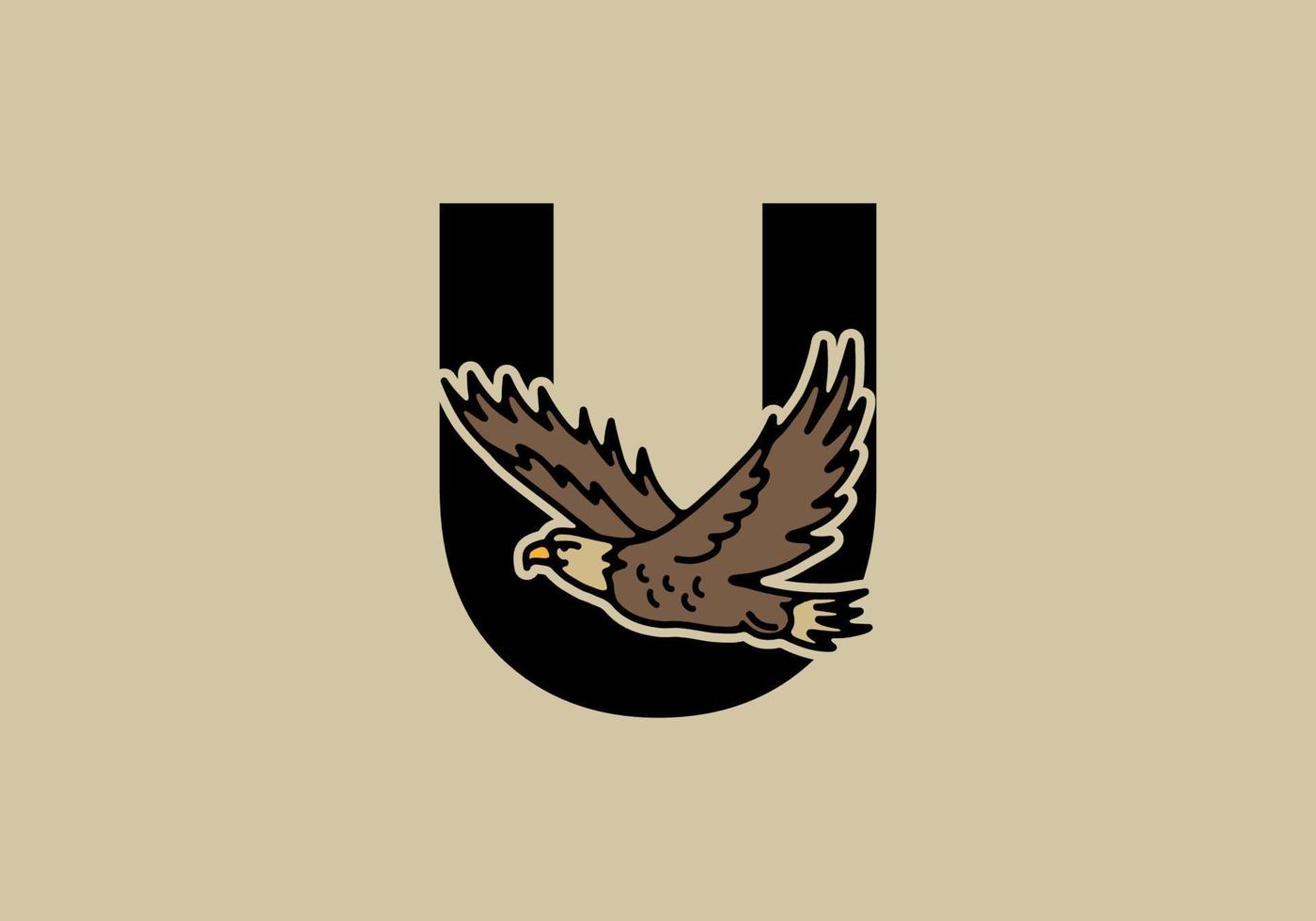 Line art illustration of flying eagle with U initial letter vector