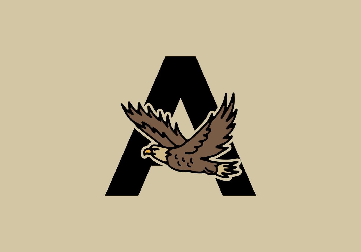 Line art illustration of flying eagle with A initial letter vector