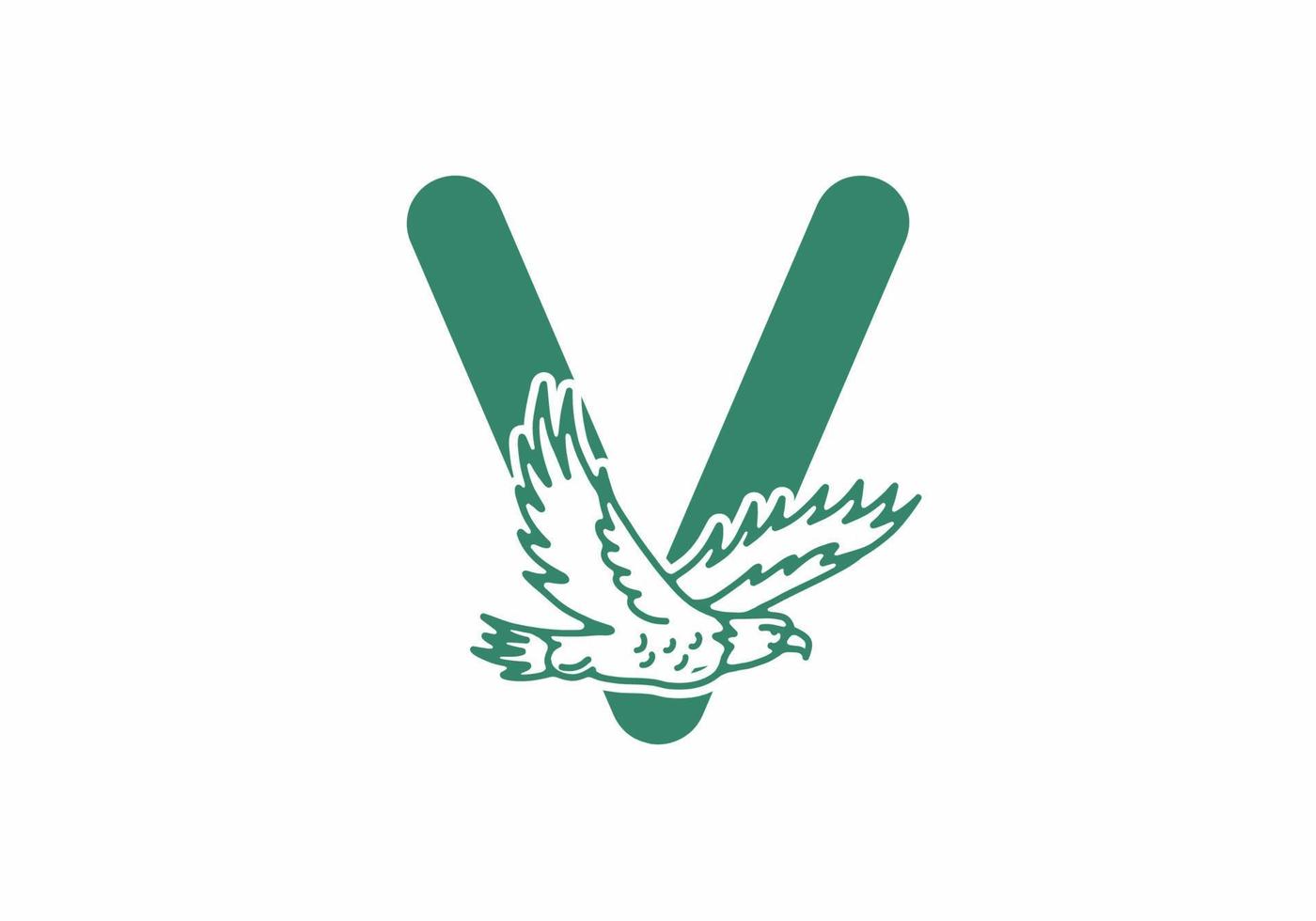 Line art illustration of flying eagle with V initial letter vector