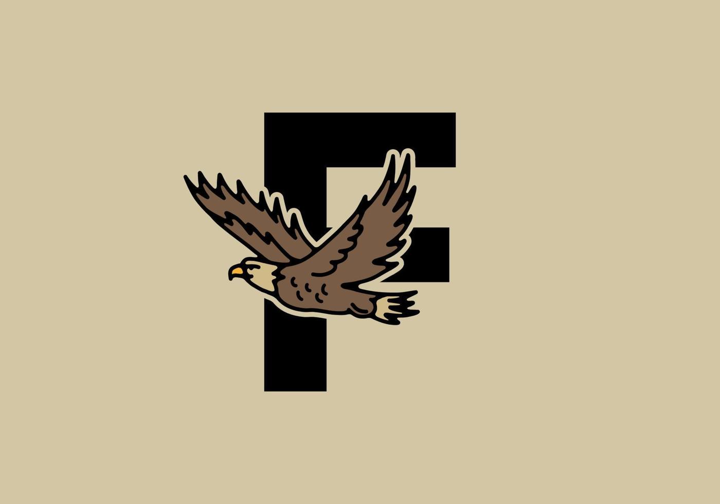 Line art illustration of flying eagle with F initial letter vector