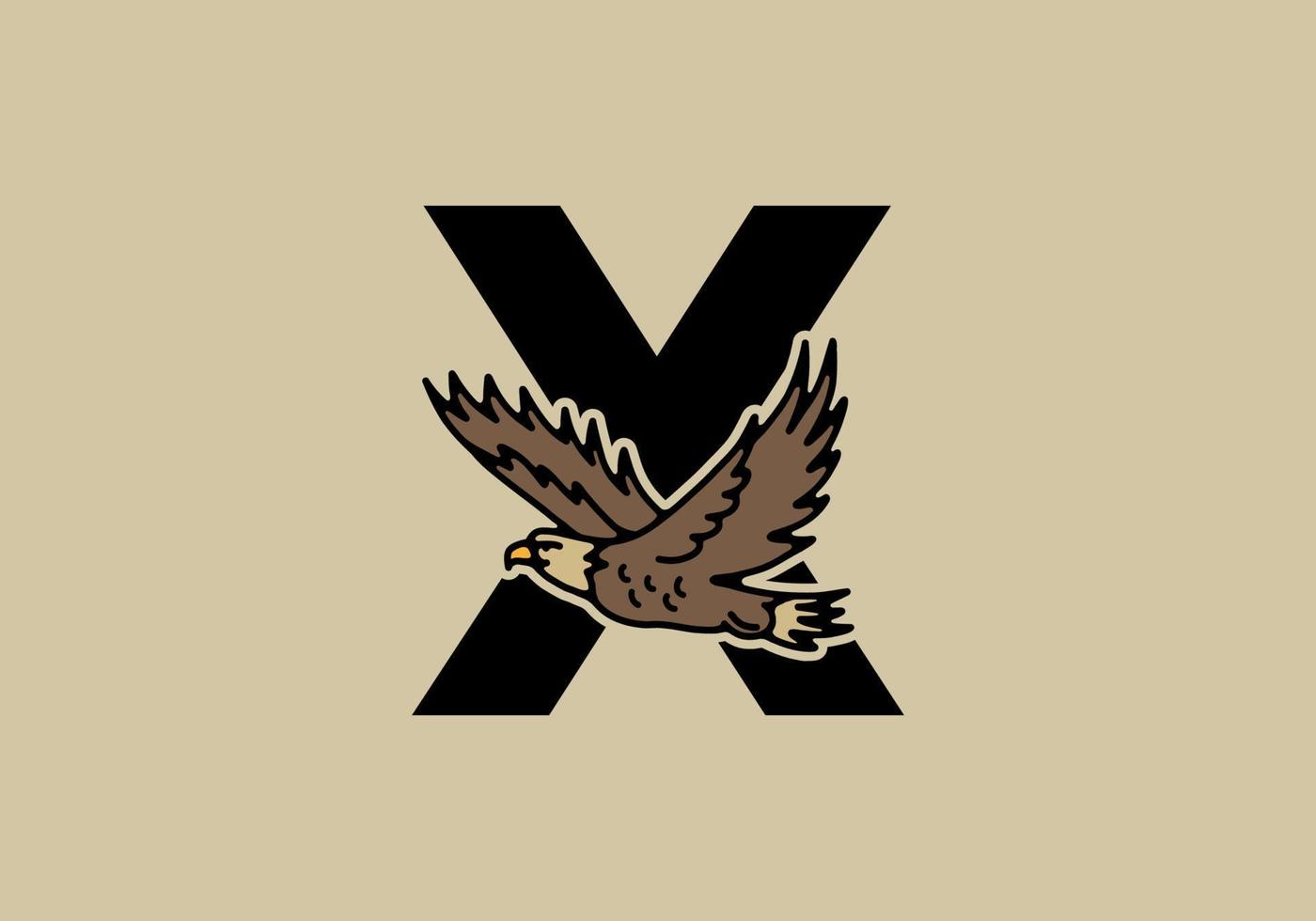 Line art illustration of flying eagle with X initial letter vector