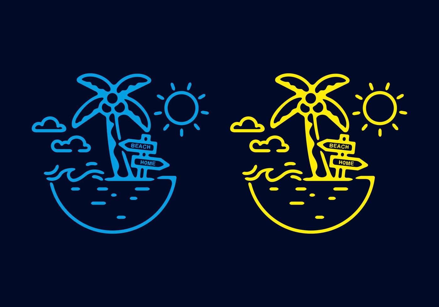 ilustración de arte lineal de playa y cocoteros de color azul y amarillo vector