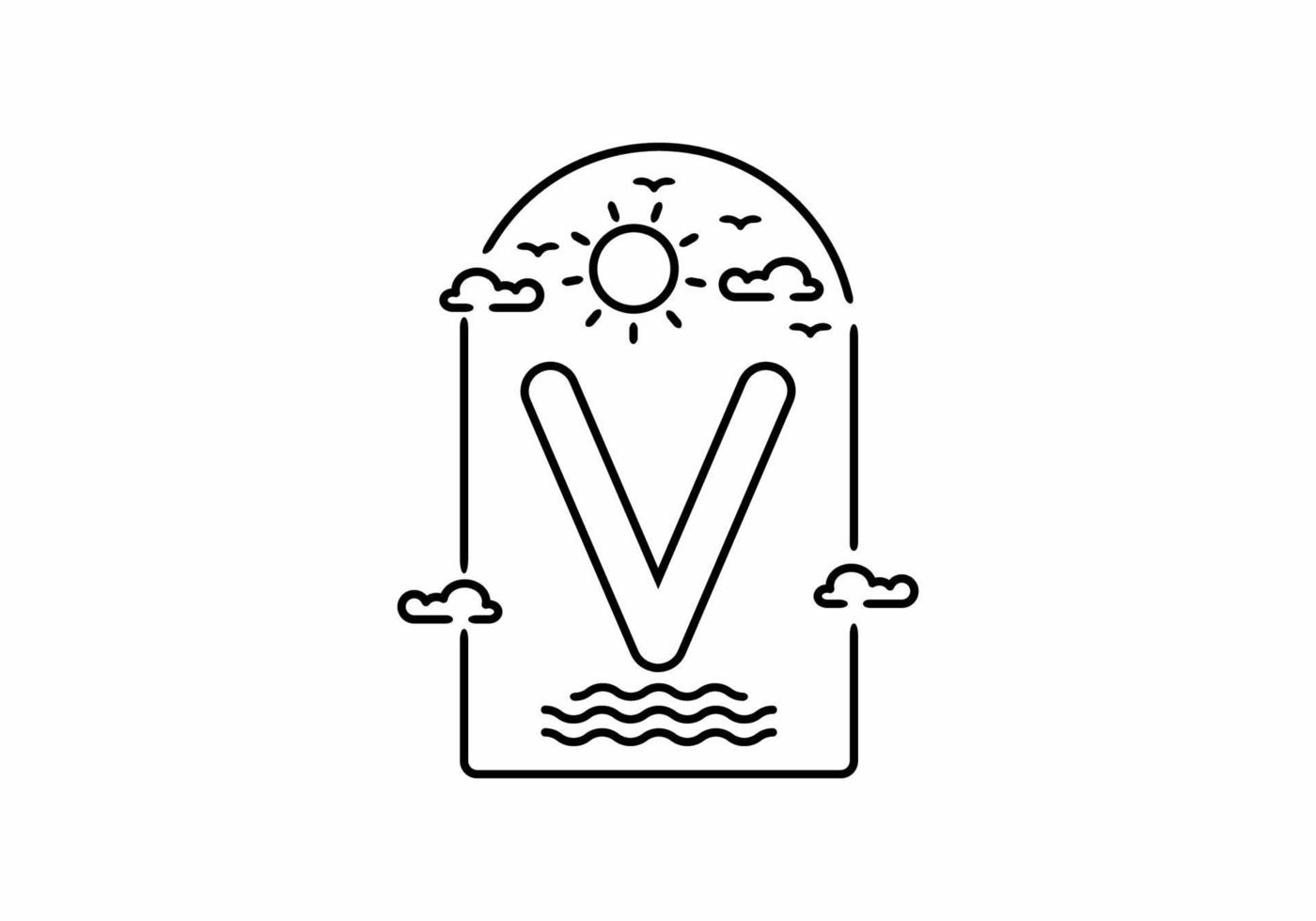 Line art illustration of beach with V initial name vector