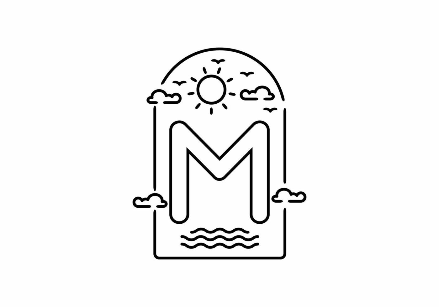 Line art illustration of beach with M initial name vector