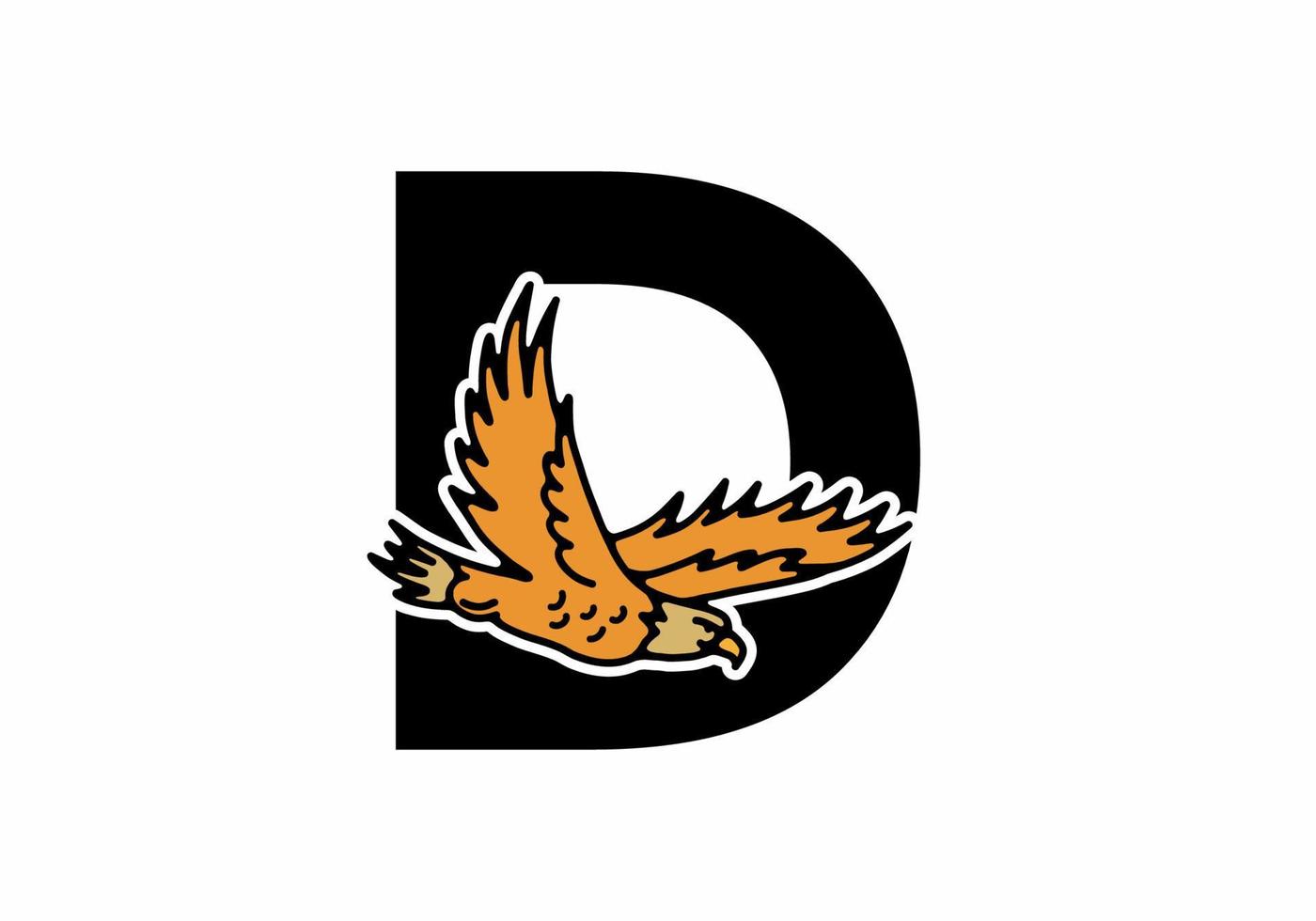 Line art illustration of flying eagle with D initial letter vector