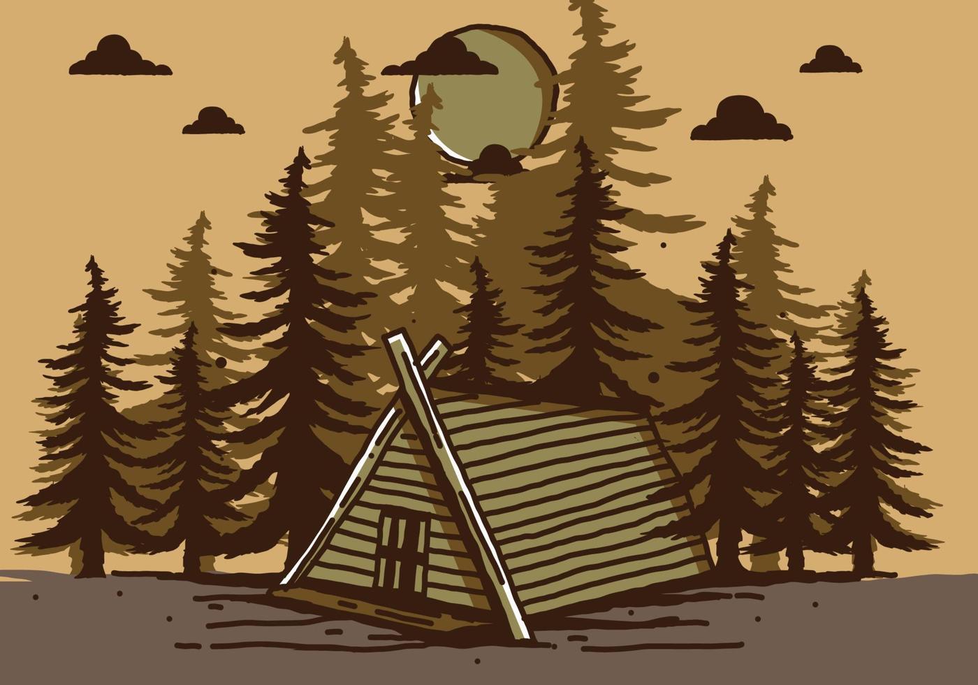cabaña de madera en el dibujo de ilustración de la jungla vector