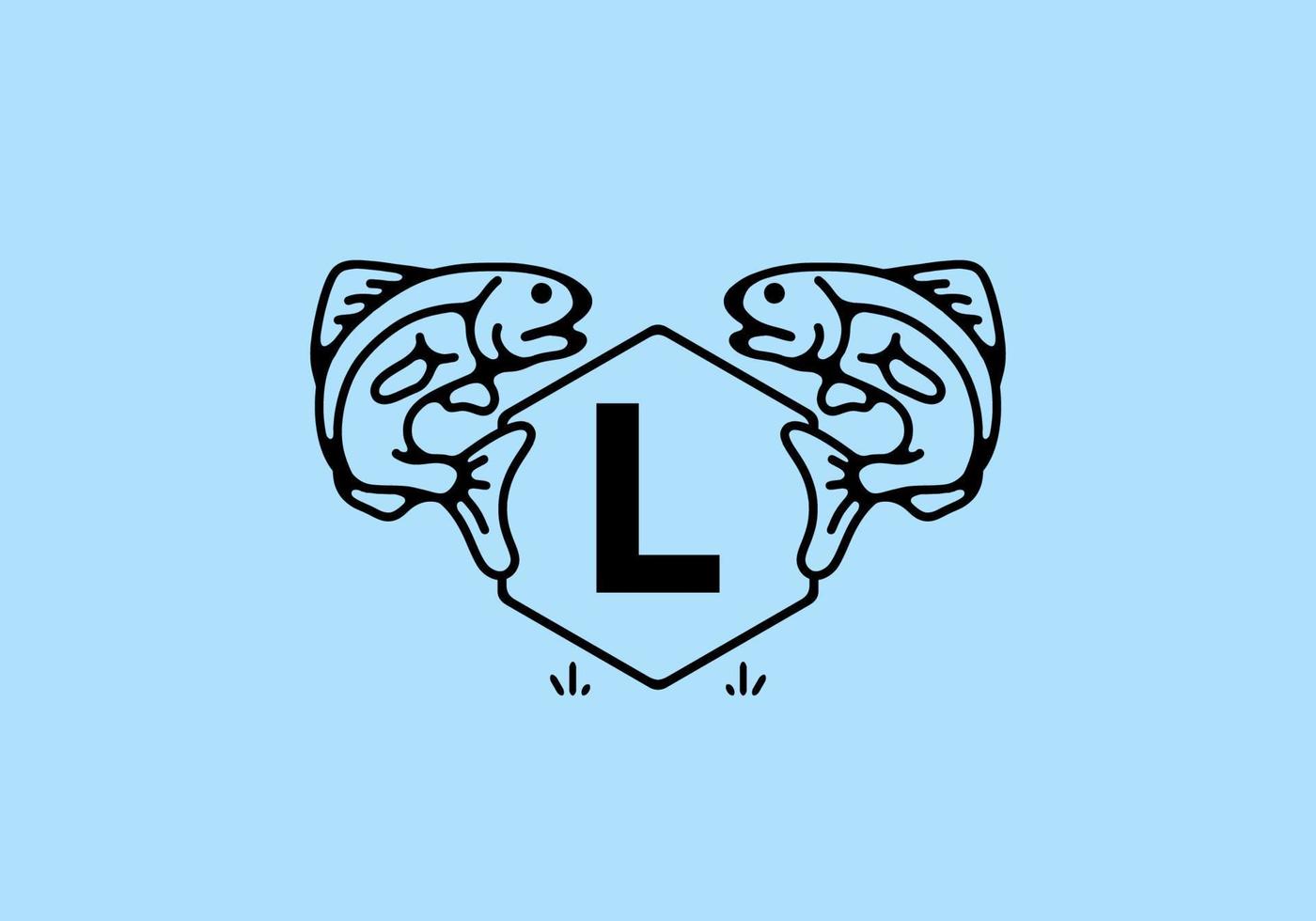 Line art illustration of fish frame with initial letter vector