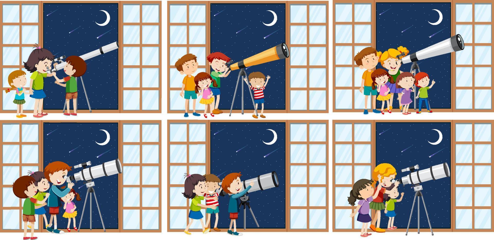 conjunto de diferentes niños observan el cielo nocturno con telescopio vector