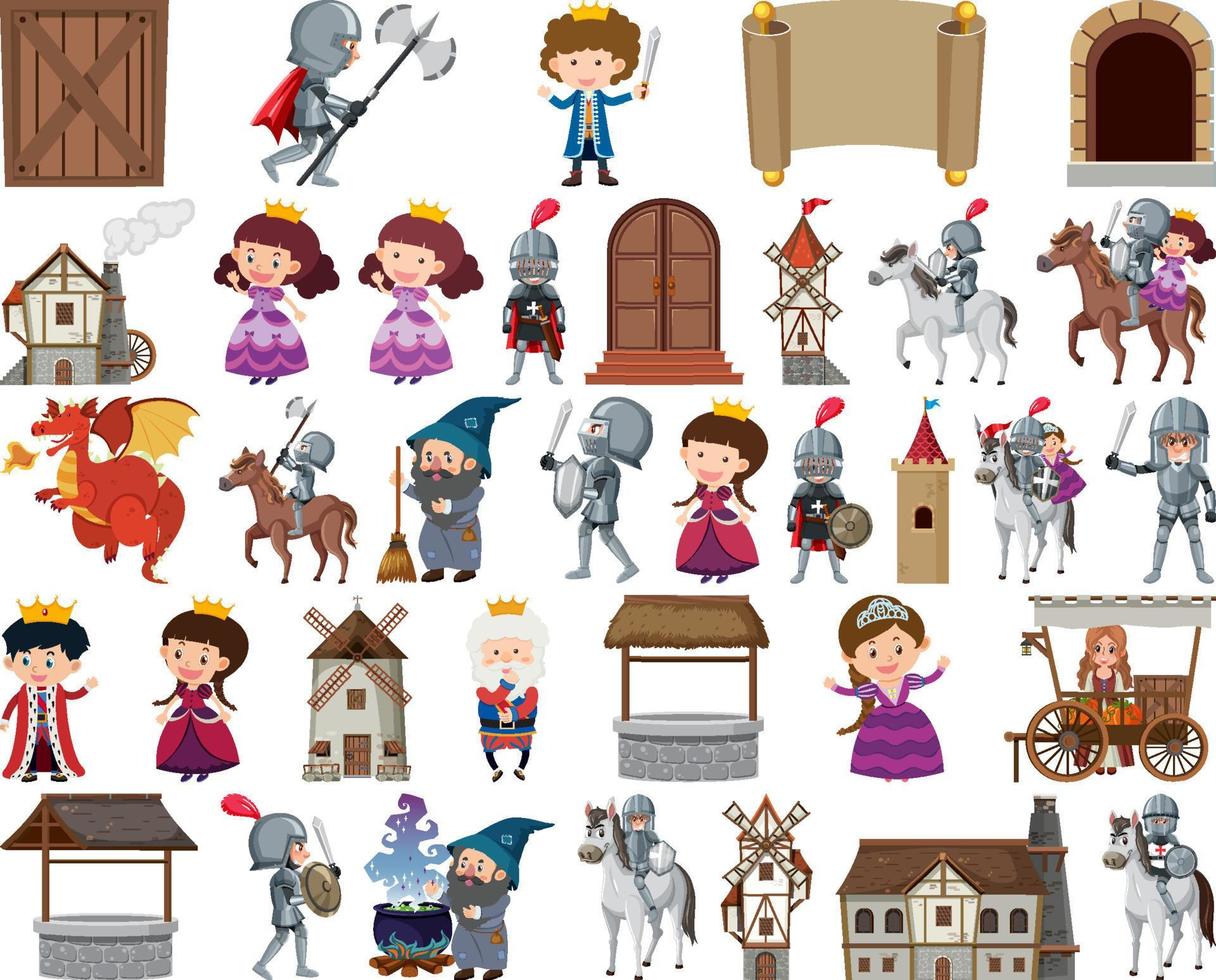 Medieval characters buildings set vector