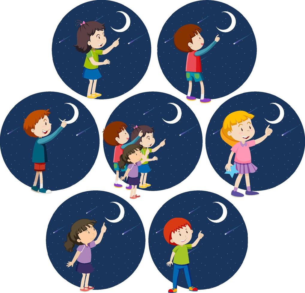 Set of different kids pointing finger to the moon vector