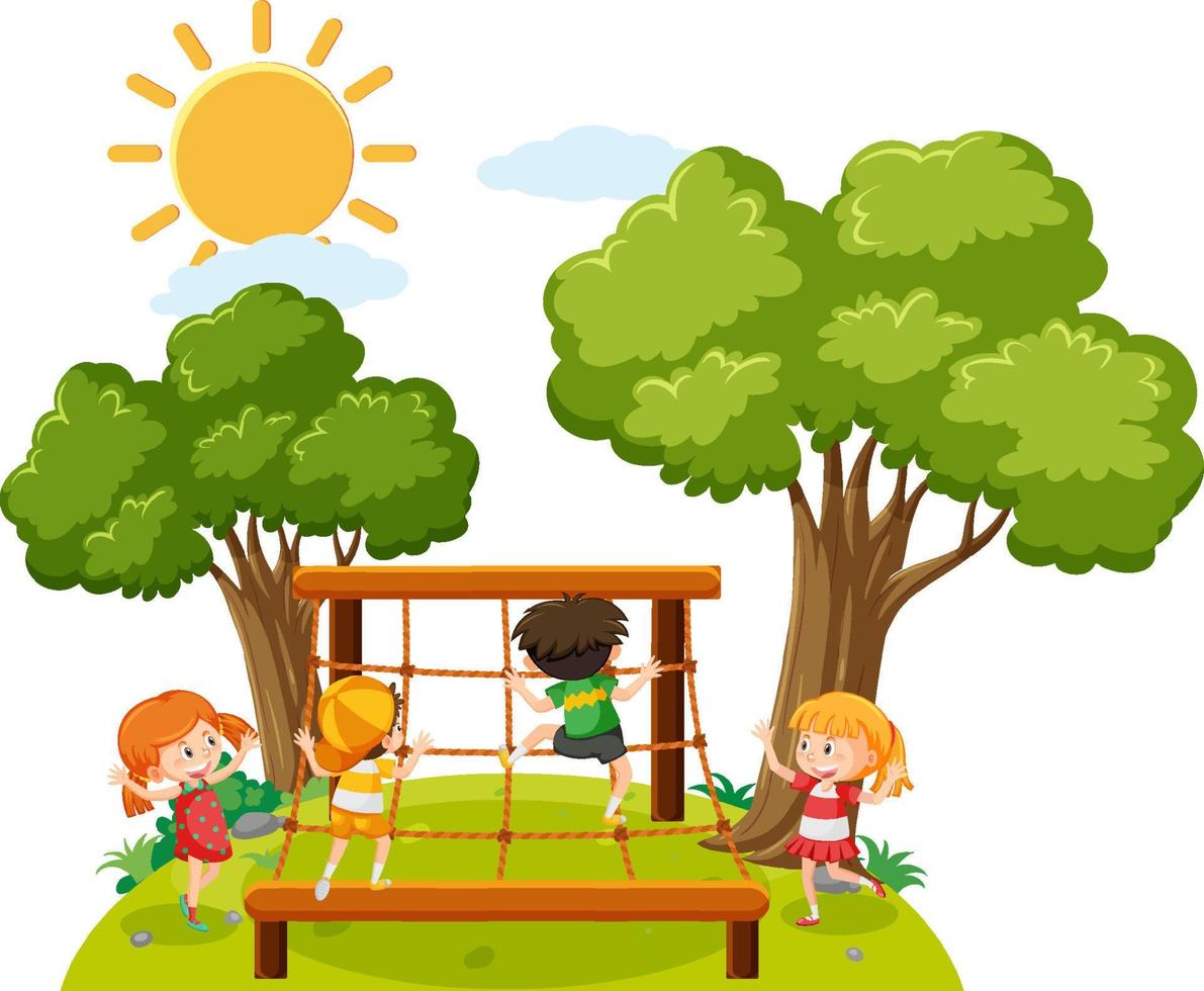 Children climbing on rope wall vector