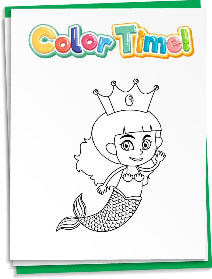 Worksheets template with color time text and mermaid outline vector