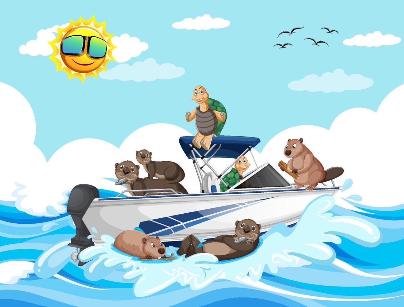 Ocean scene with group of animals on speedboat vector