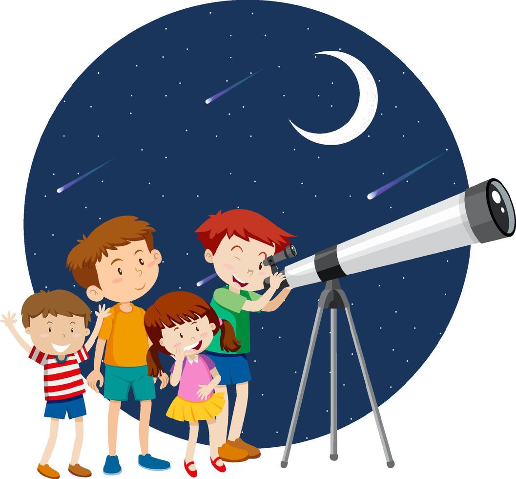 niños felices observan el cielo nocturno con telescopio vector