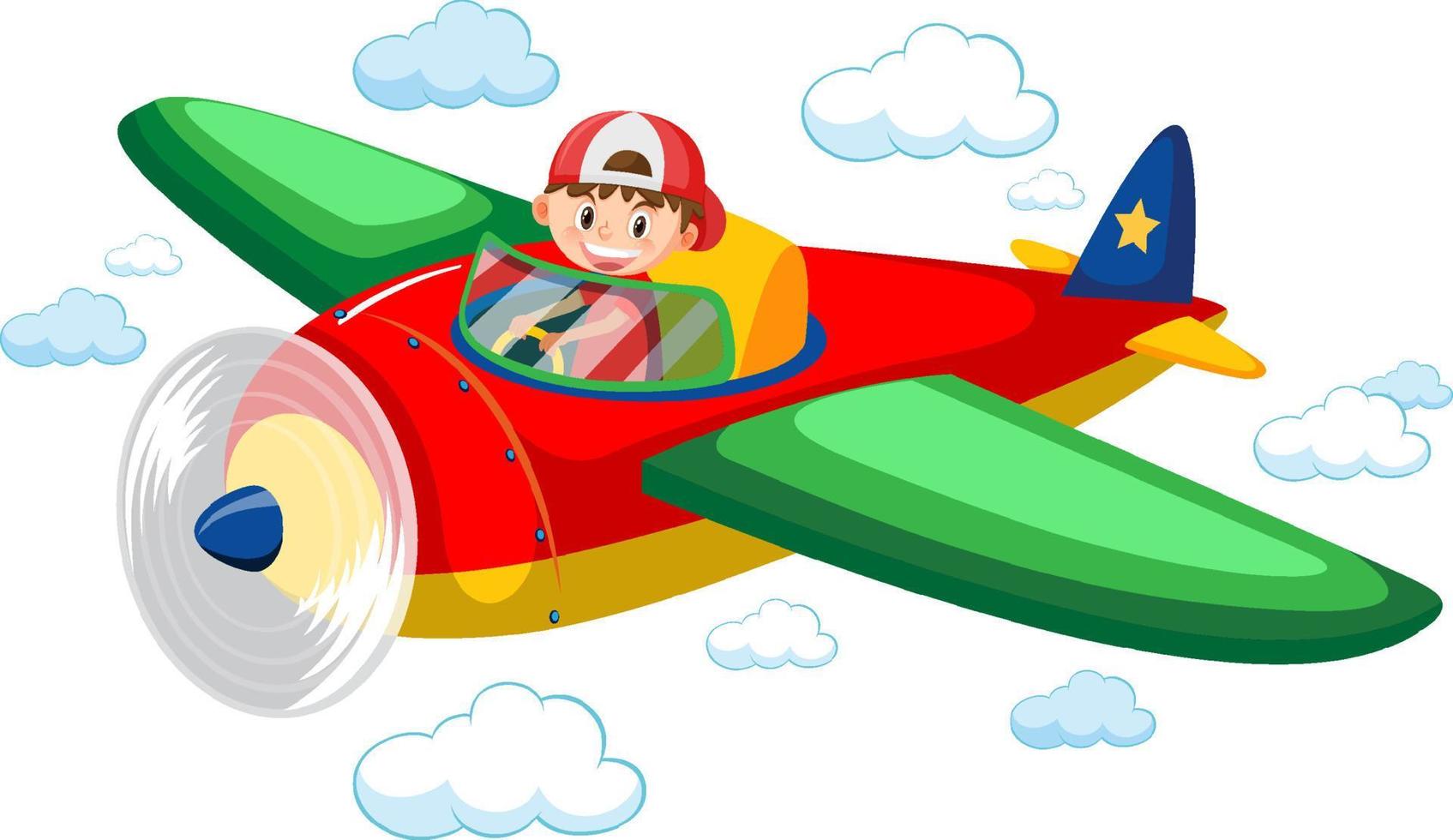 Boy flying cute airplane in the sky vector