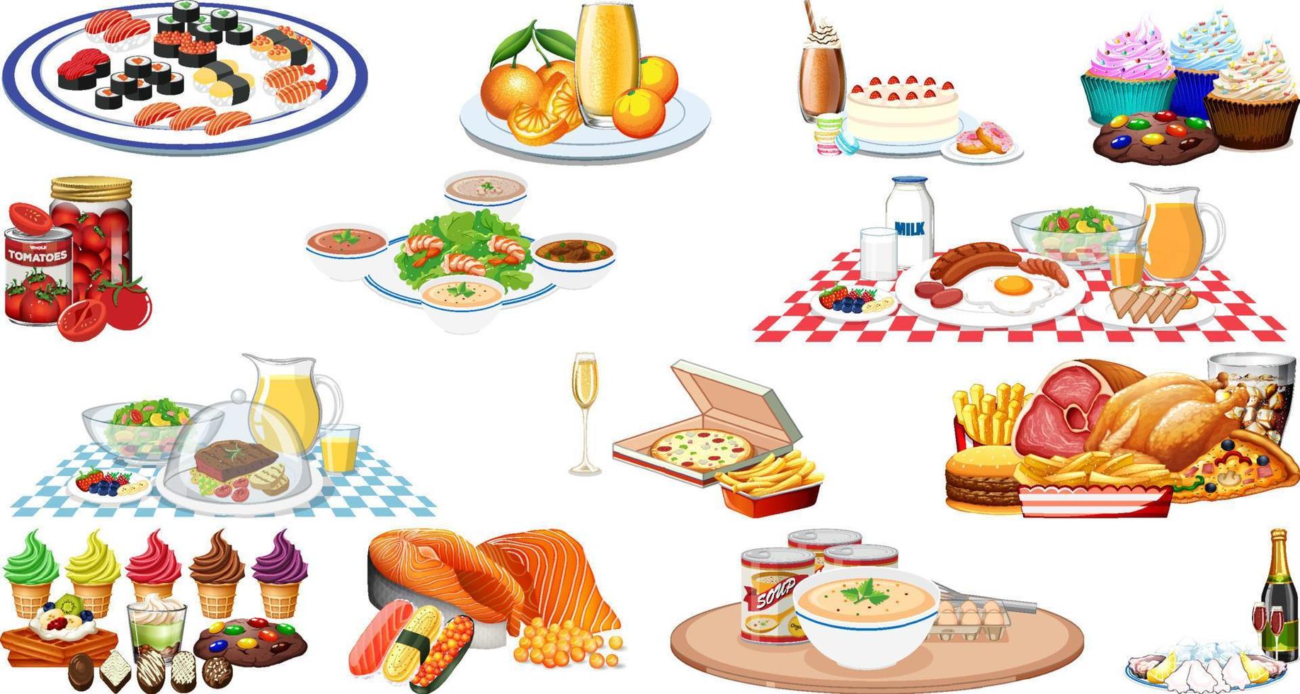 Set of different foods and beverages vector