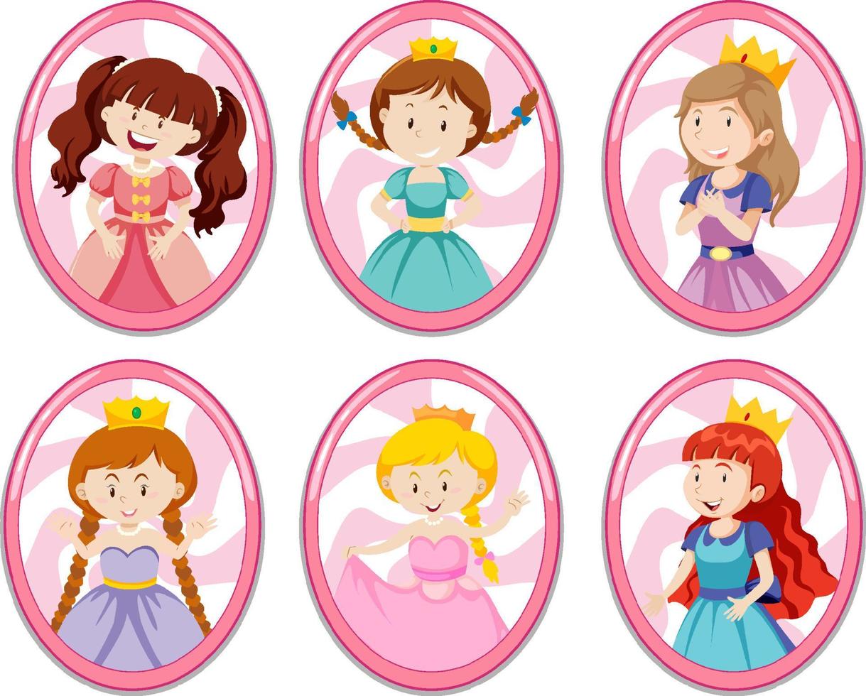 Set of different cute princess cartoon character vector