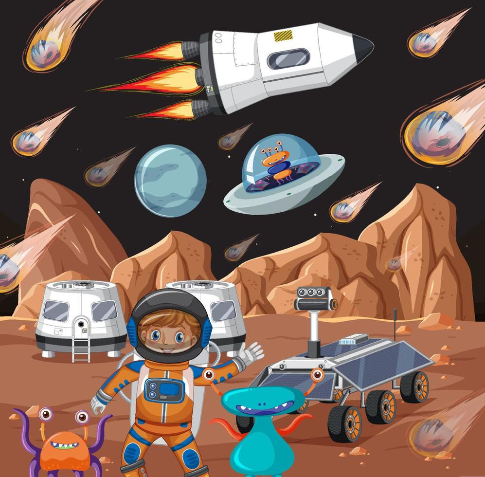 An astronaut and aliens on planet vector