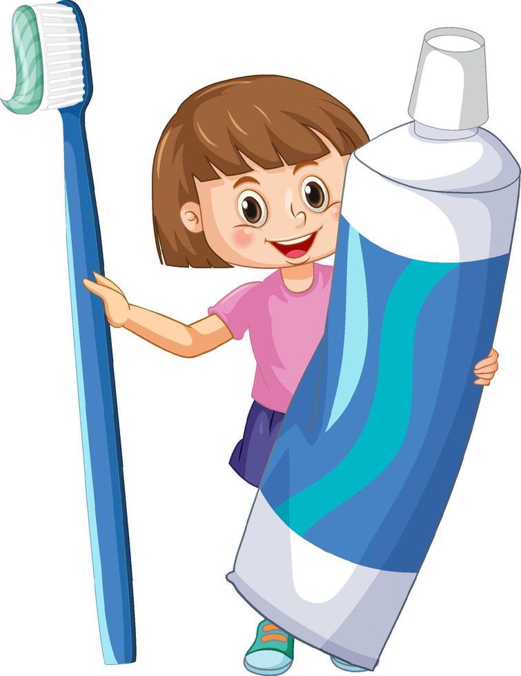 A little girl holding toothpaste and toothbrush on white background vector