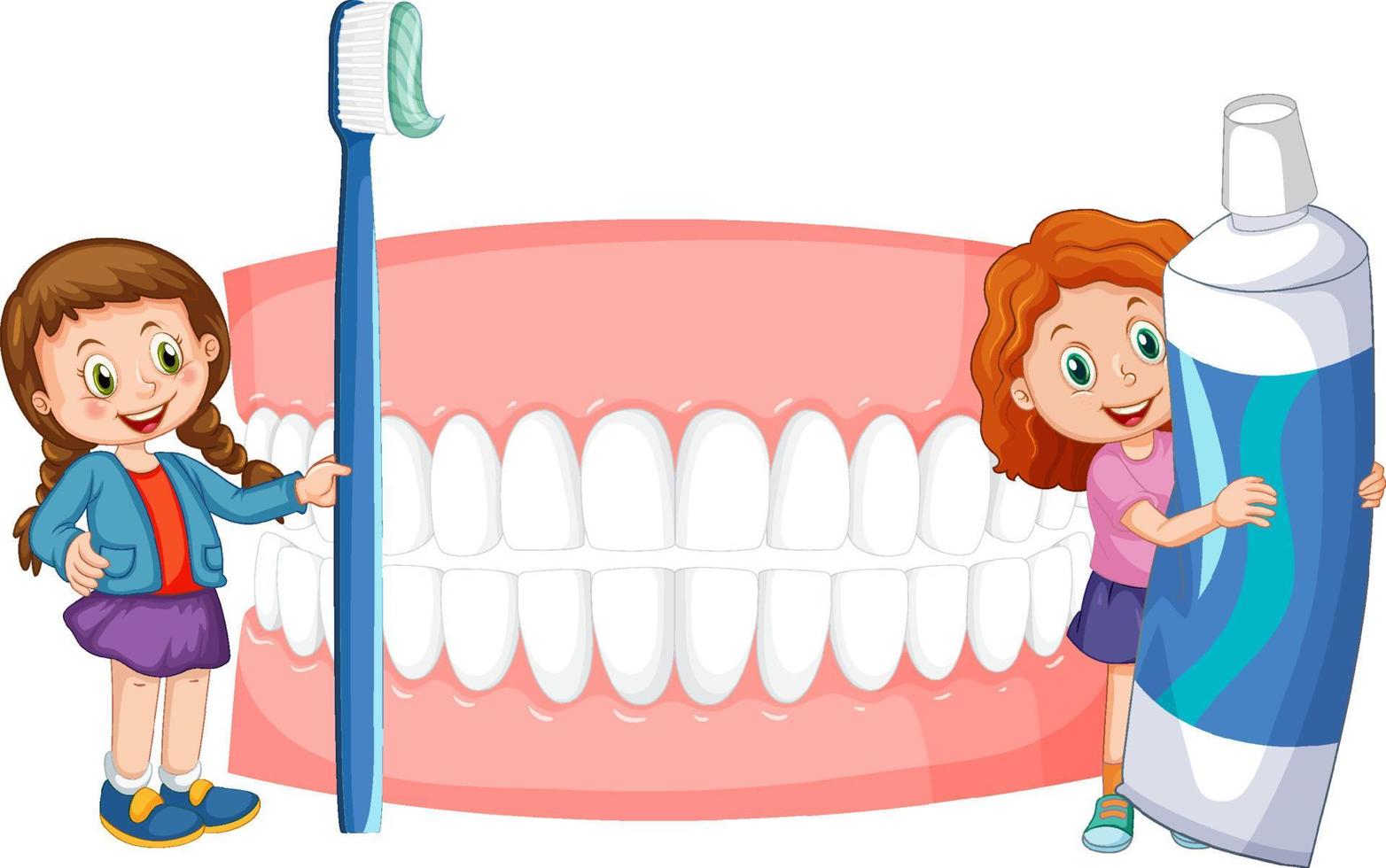 niños con pasta de dientes y cepillo de dientes con dientes blancos sobre fondo blanco vector