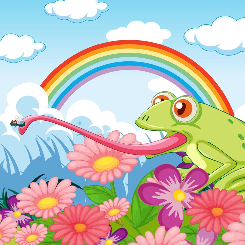 Flower field with frog catching insect vector