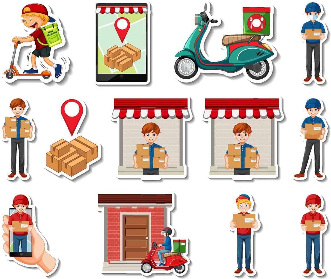 Sticker set of delivery objects and cartoon characters vector