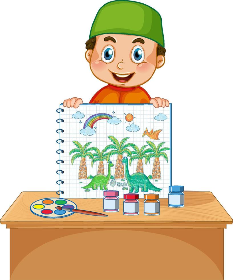 A boy holding notebook with a doodle sketch design on white background vector