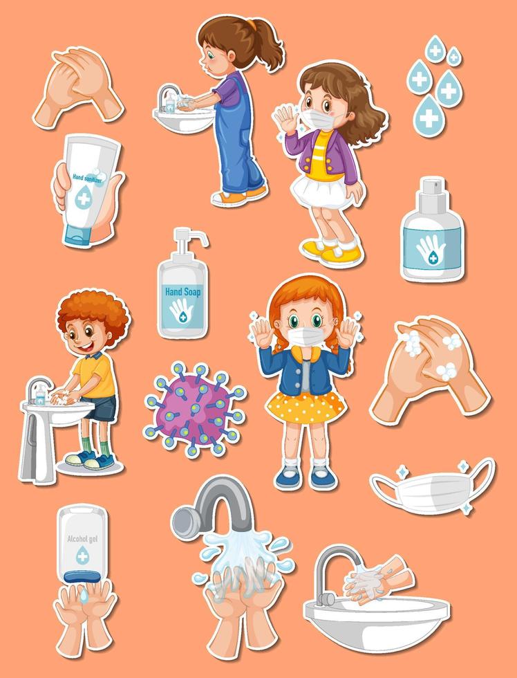 conjunto de pegatinas de covid19 y personaje de dibujos animados vector