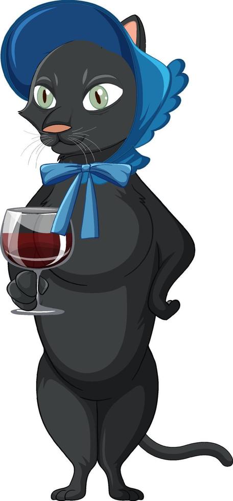 un gato negro de pie sobre dos patas y bebiendo vino vector