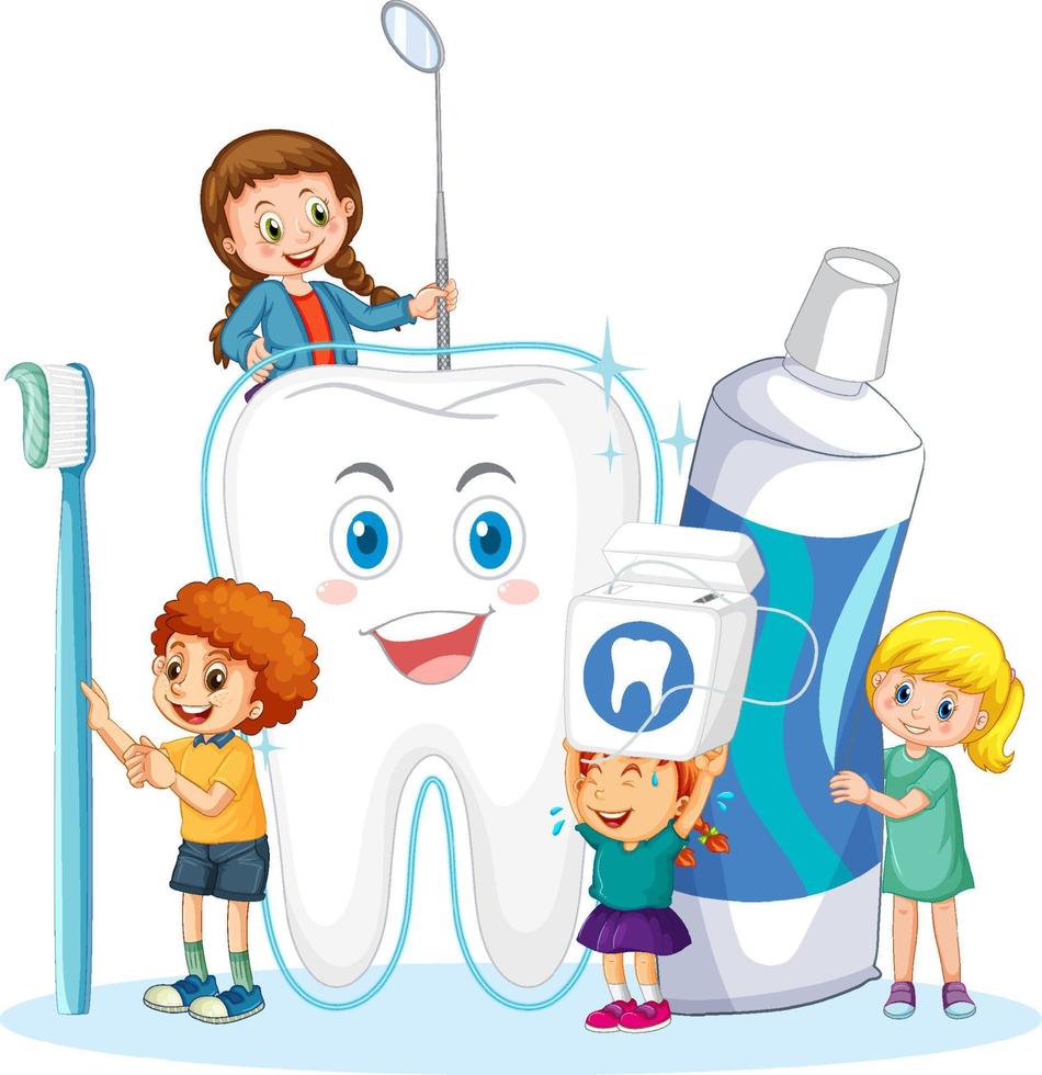 Happy children holding toothpaste toothbrush and floss on white background vector