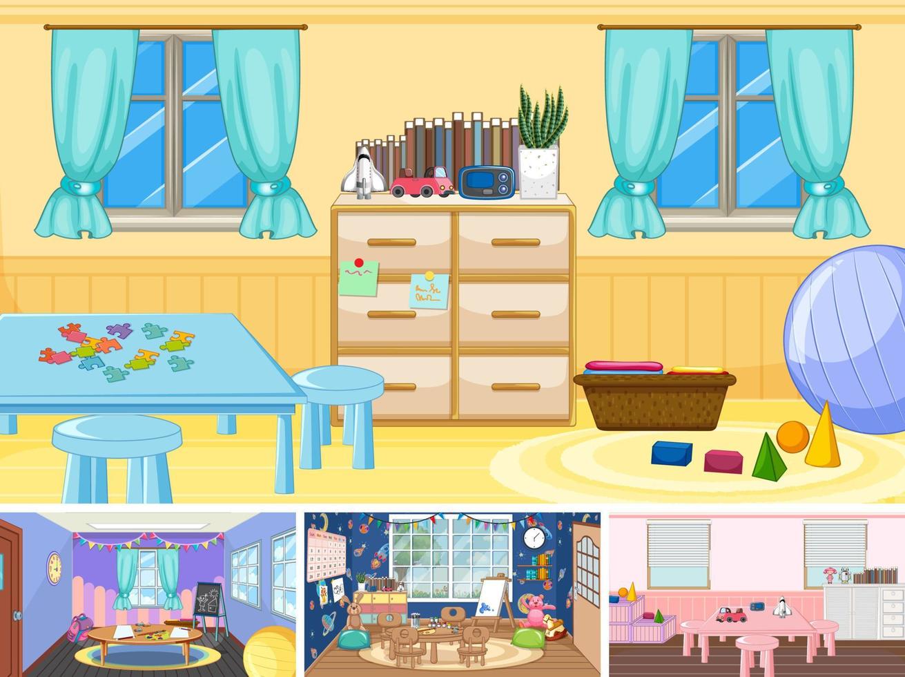 Set of different kindergarten classroom scenes vector