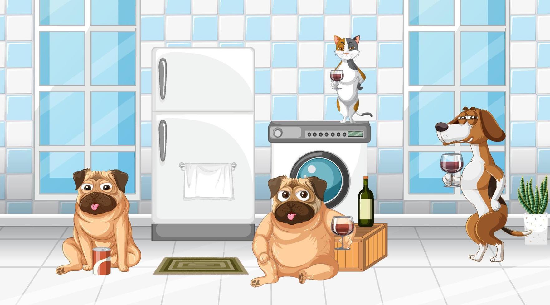 In house scene with dogs drinking wine vector