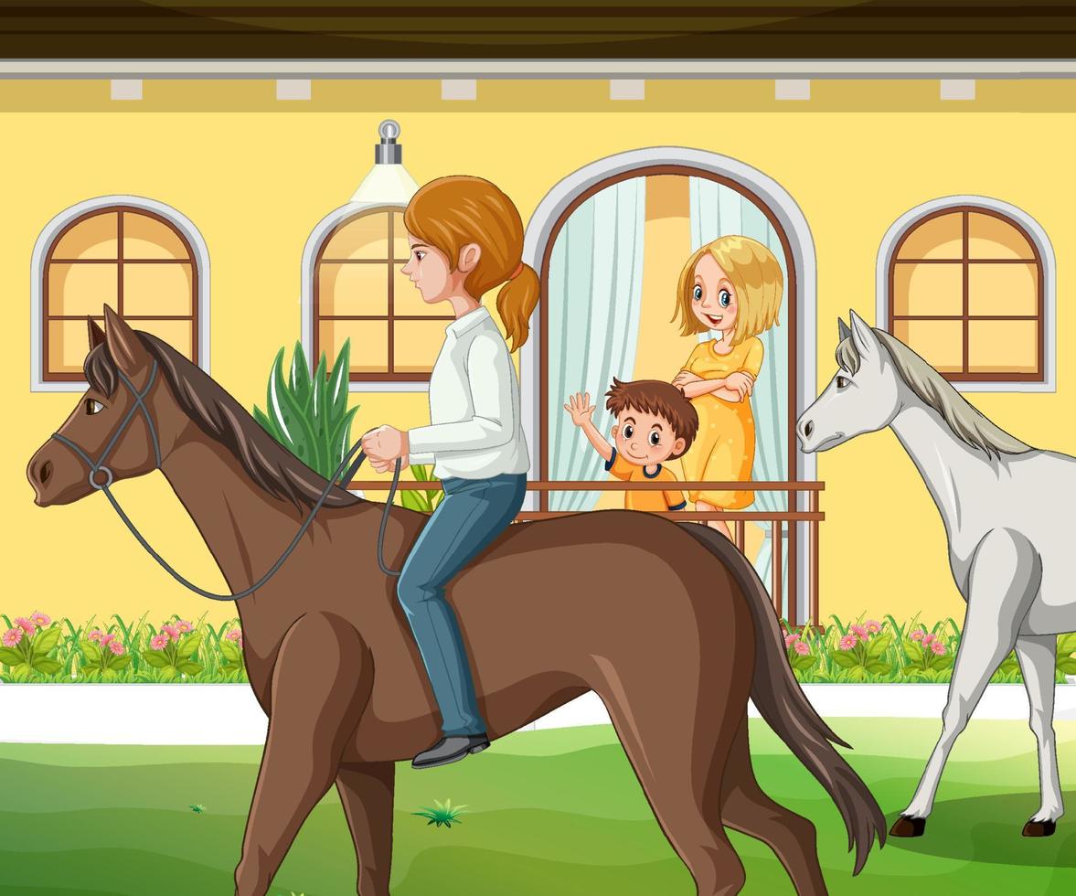 una niña montando un caballo en la escena de la granja vector