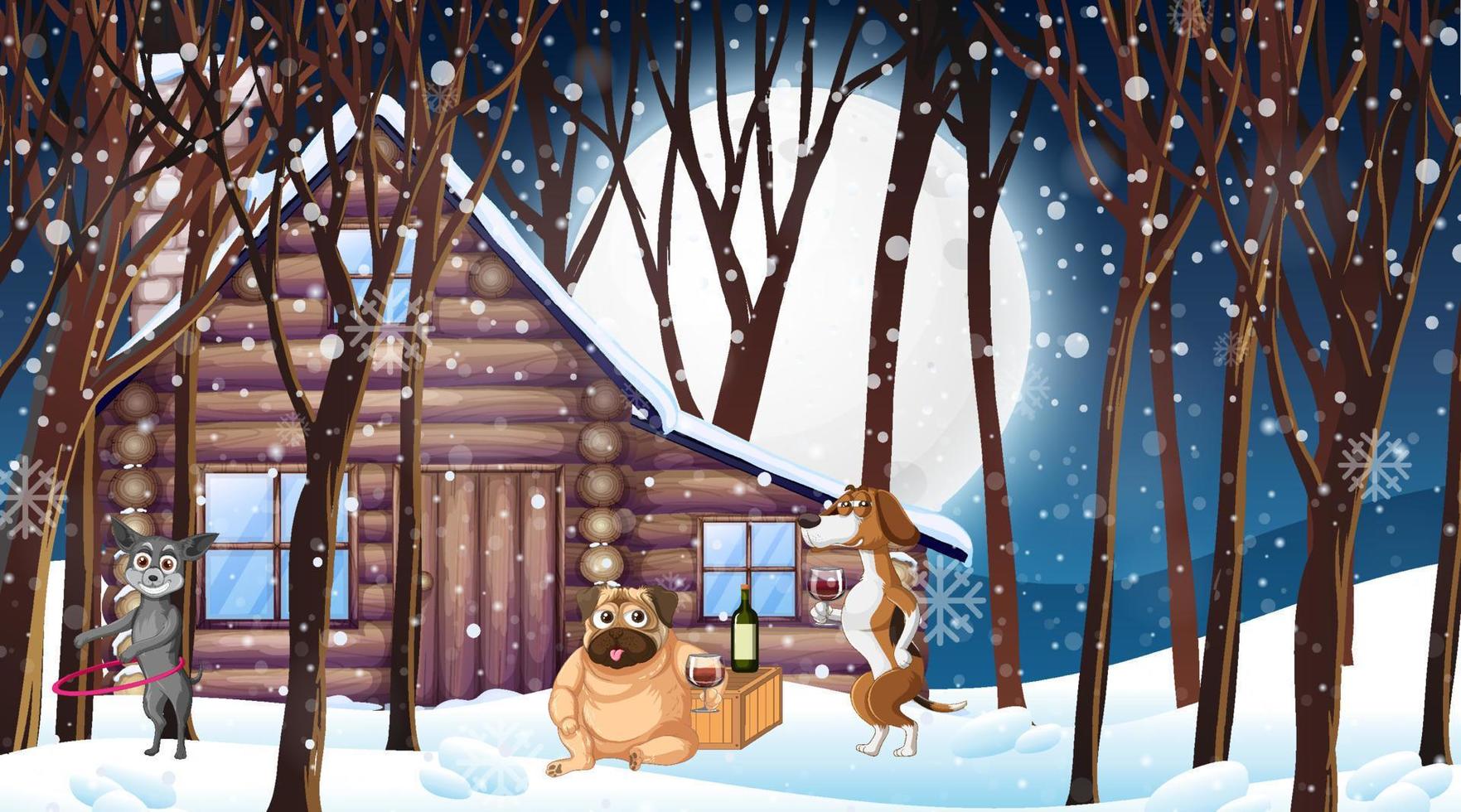 Snow outdoor park scene with many dogs vector