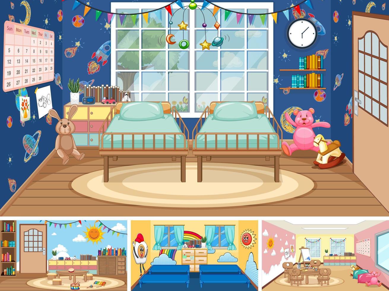 Set of different kindergarten classroom scenes vector