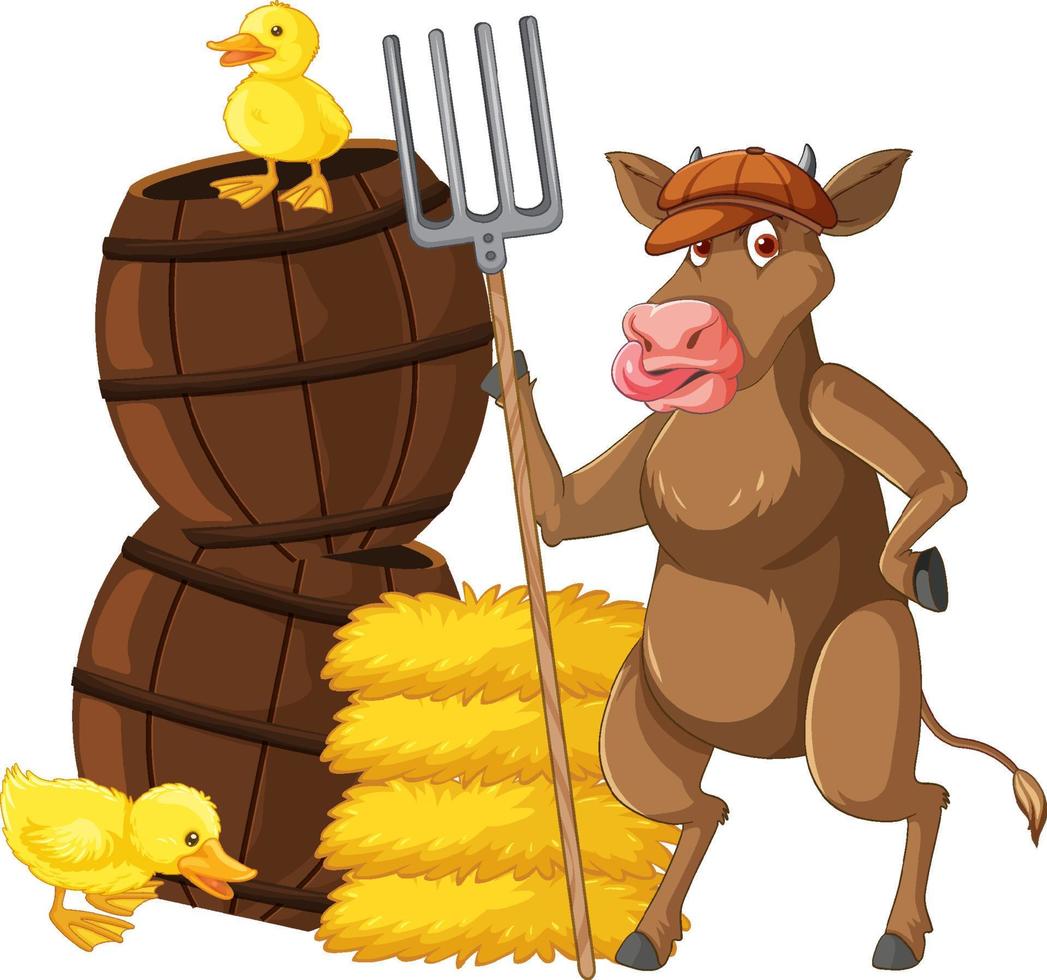 Cow with two yellow chicks vector