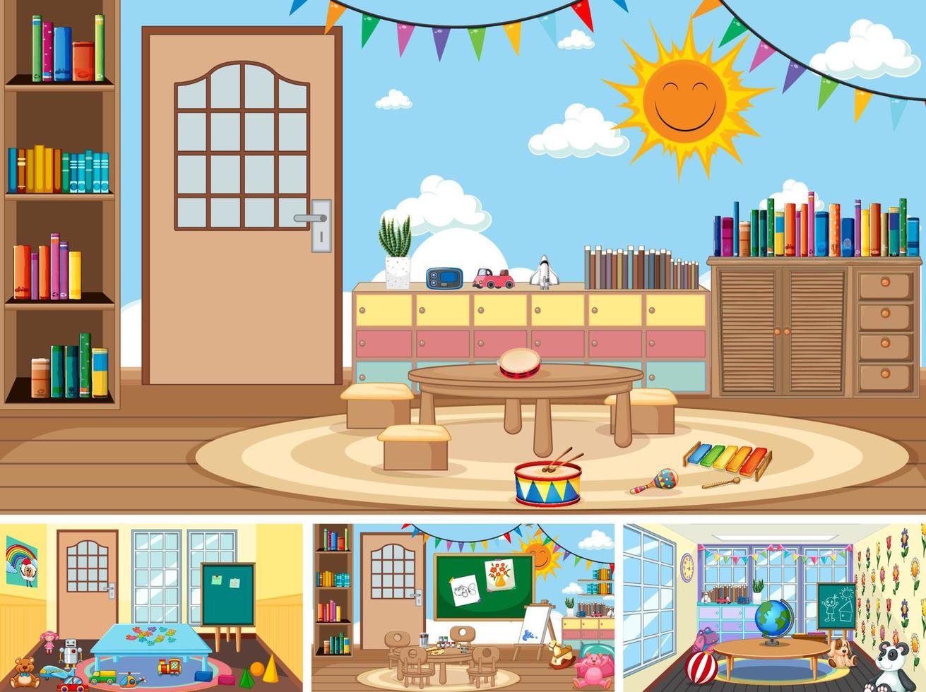 Set of different kindergarten classroom scenes vector