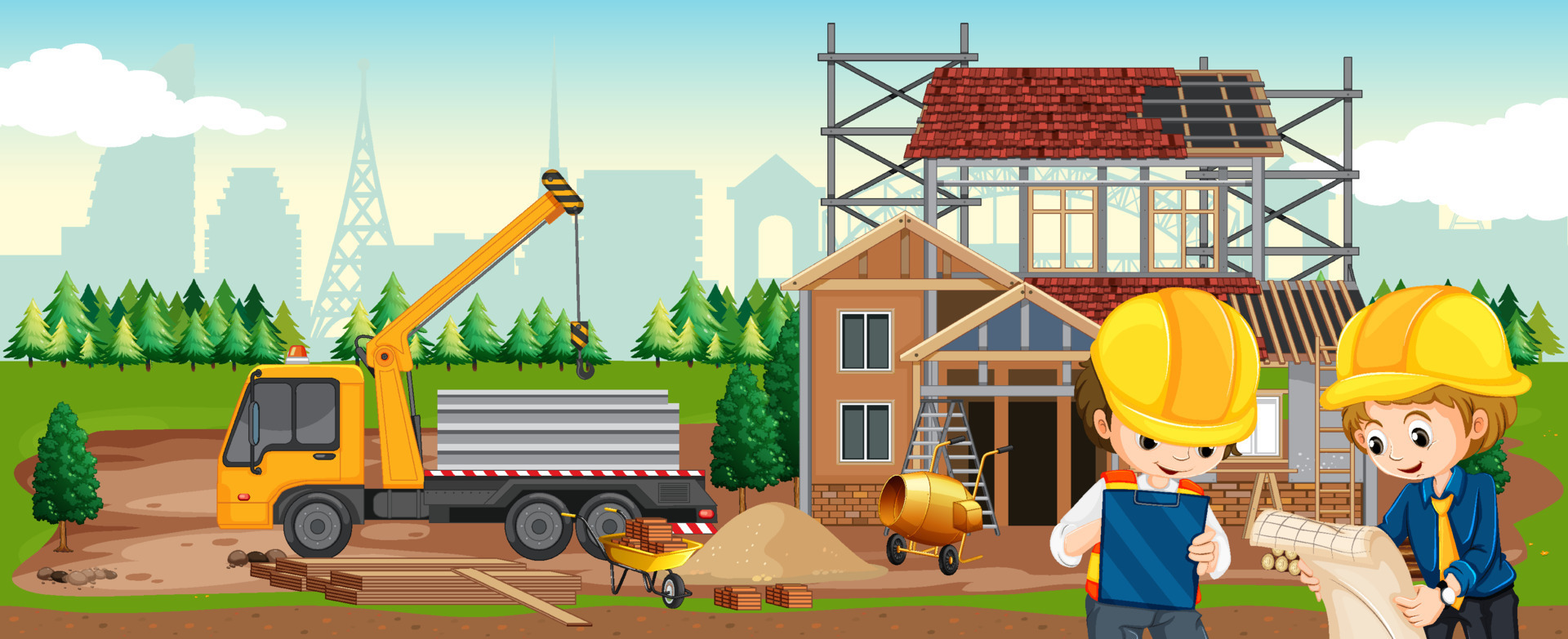 Cartoon scene of building construction site 7298382 Vector Art at Vecteezy Cartoon scene of building construction site 7298382 Vector Art at Vecteezy