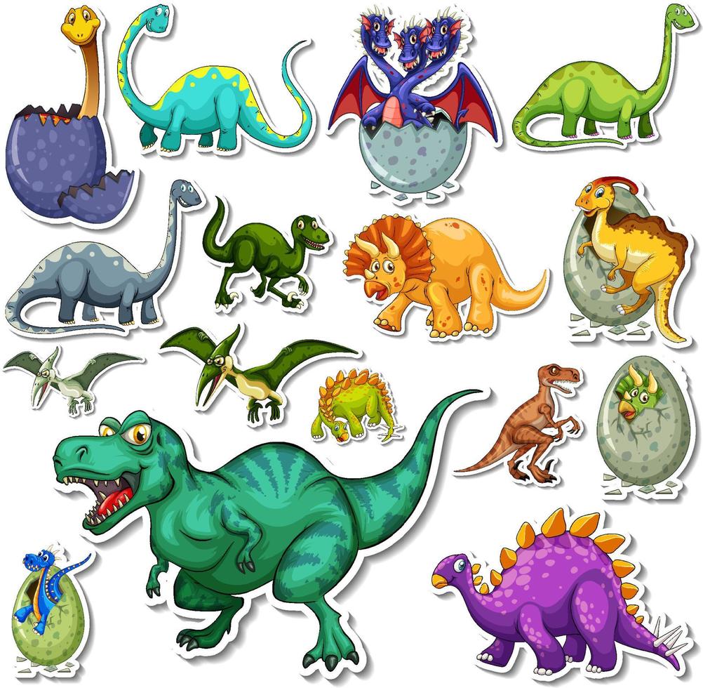 Sticker set of different dinosaurs cartoon vector