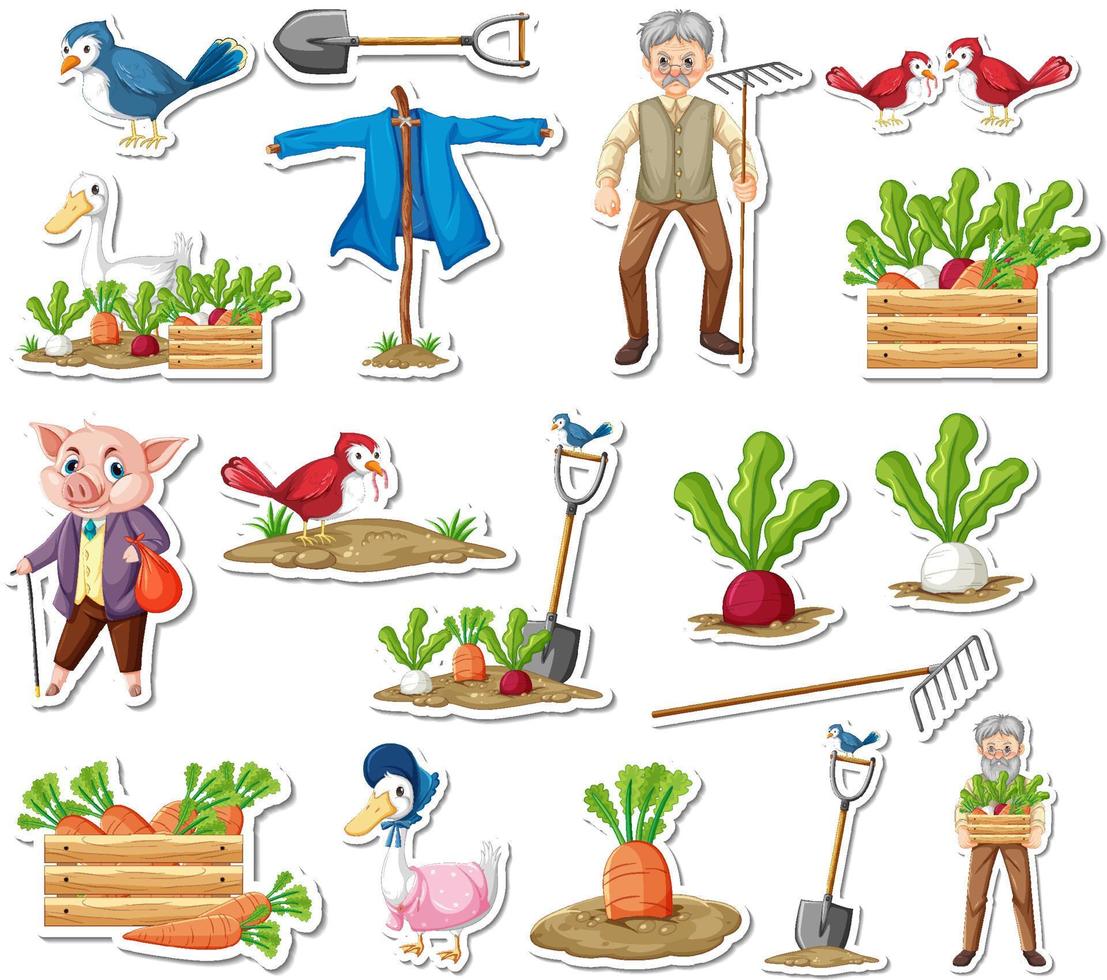Sticker pack of farm objects and old farmer cartoon characters vector